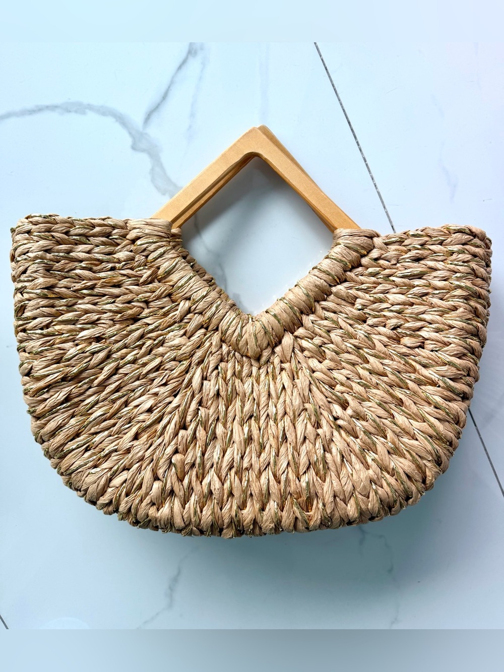 Straw bag with Wooden Handles - Natural